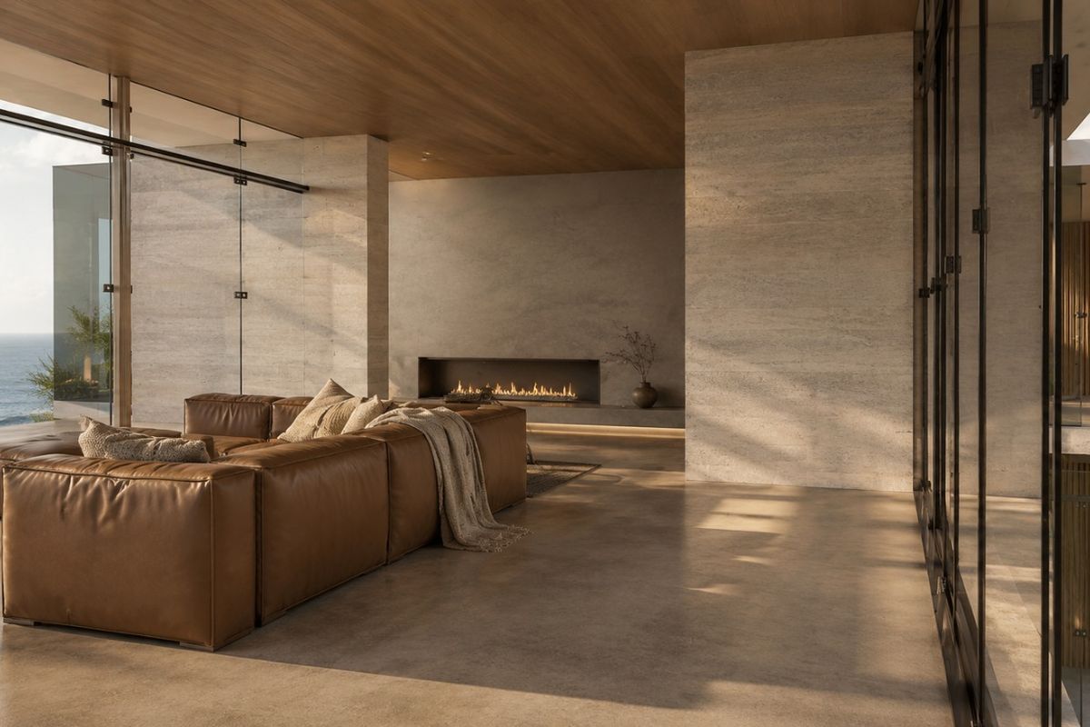 A luxurious, modern living room featuring high-end stone finishes, a built-in fireplace, and expansive floor-to-ceiling glass doors offering panoramic ocean views.