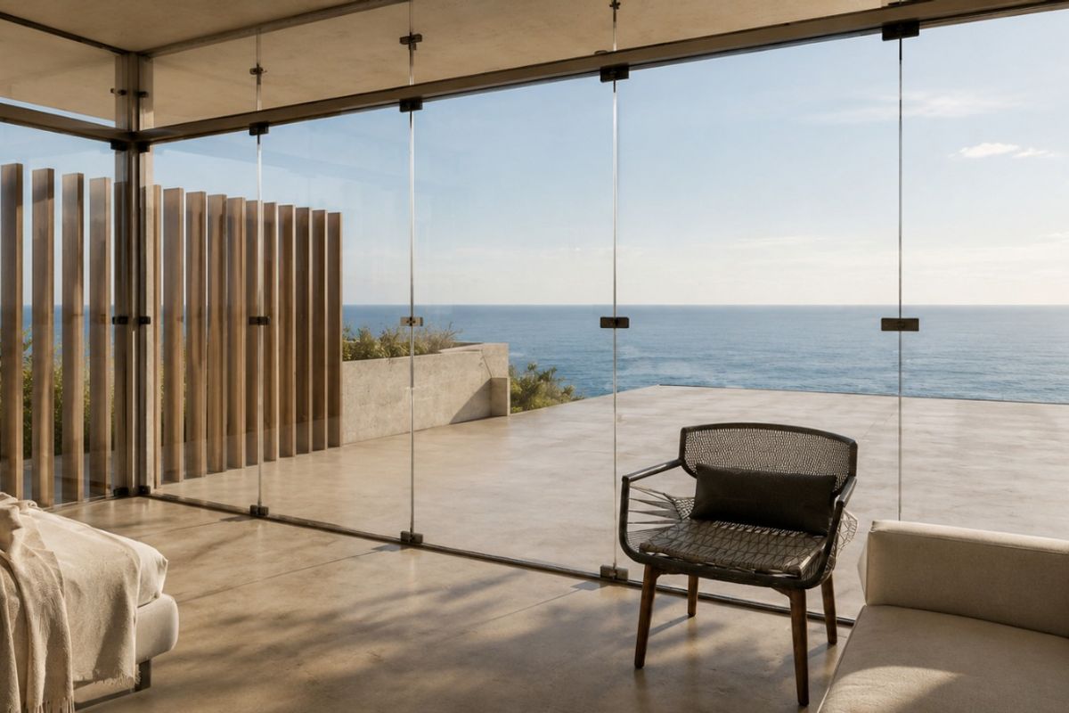 A modern bedroom featuring floor-to-ceiling glass walls that open onto a private concrete terrace with expansive ocean views.