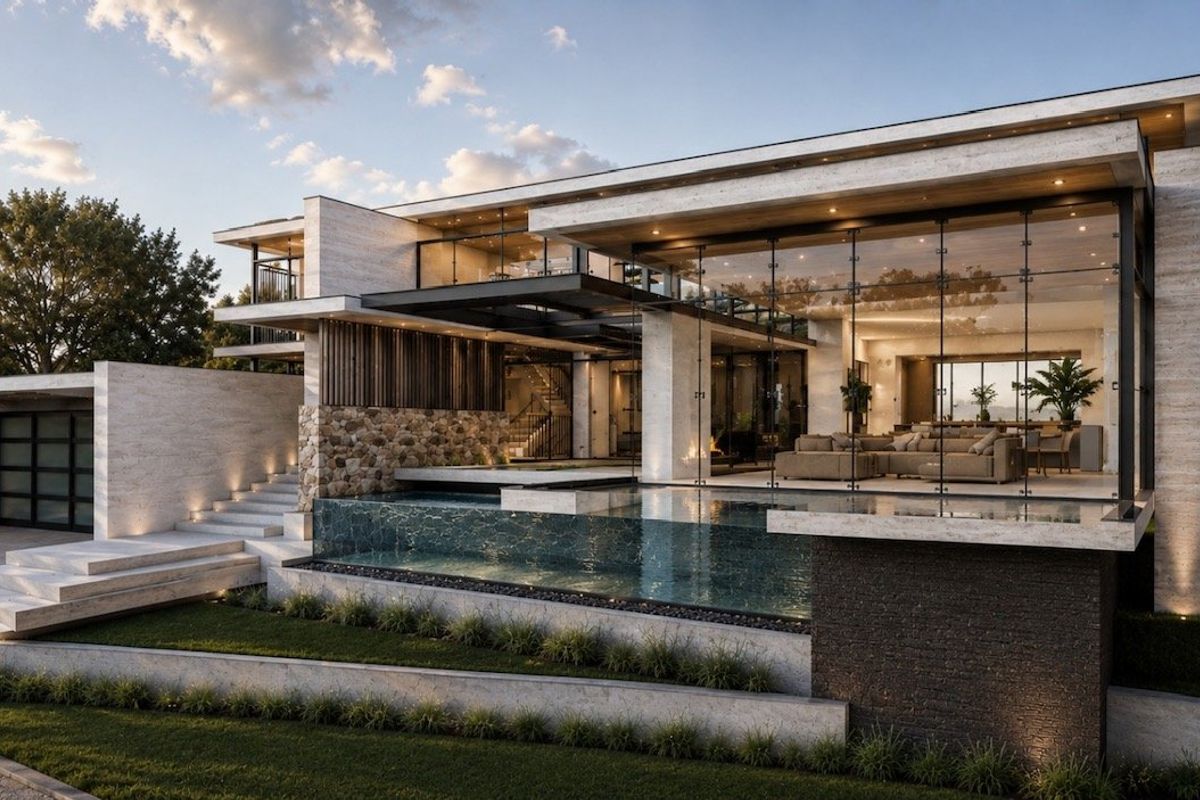 A modern luxury residence featuring an infinity edge pool, extensive glass curtain walls, and high-end stone finishes in a landscaped setting.