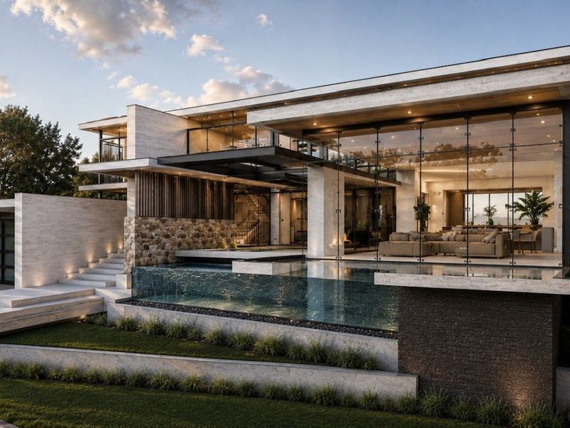 A modern luxury residence featuring an infinity edge pool, extensive glass curtain walls, and high-end stone finishes in a landscaped setting.
