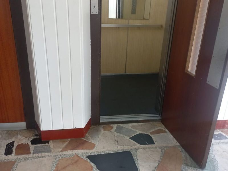 A communal elevator lobby area featuring traditional terrazzo flooring and a standard lift access point.