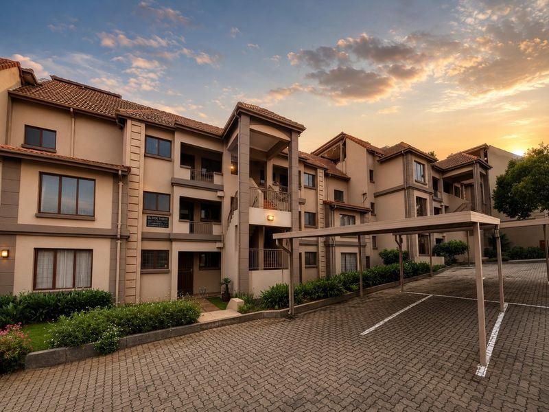 Exterior view of a multi-story apartment complex featuring paved parking areas, covered carports, and landscaped garden beds at sunset.