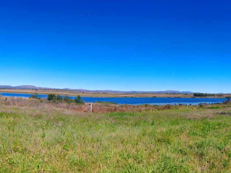 A scenic landscape view overlooking a natural dam on the farm property with distant mountain ranges under a clear blue sky.