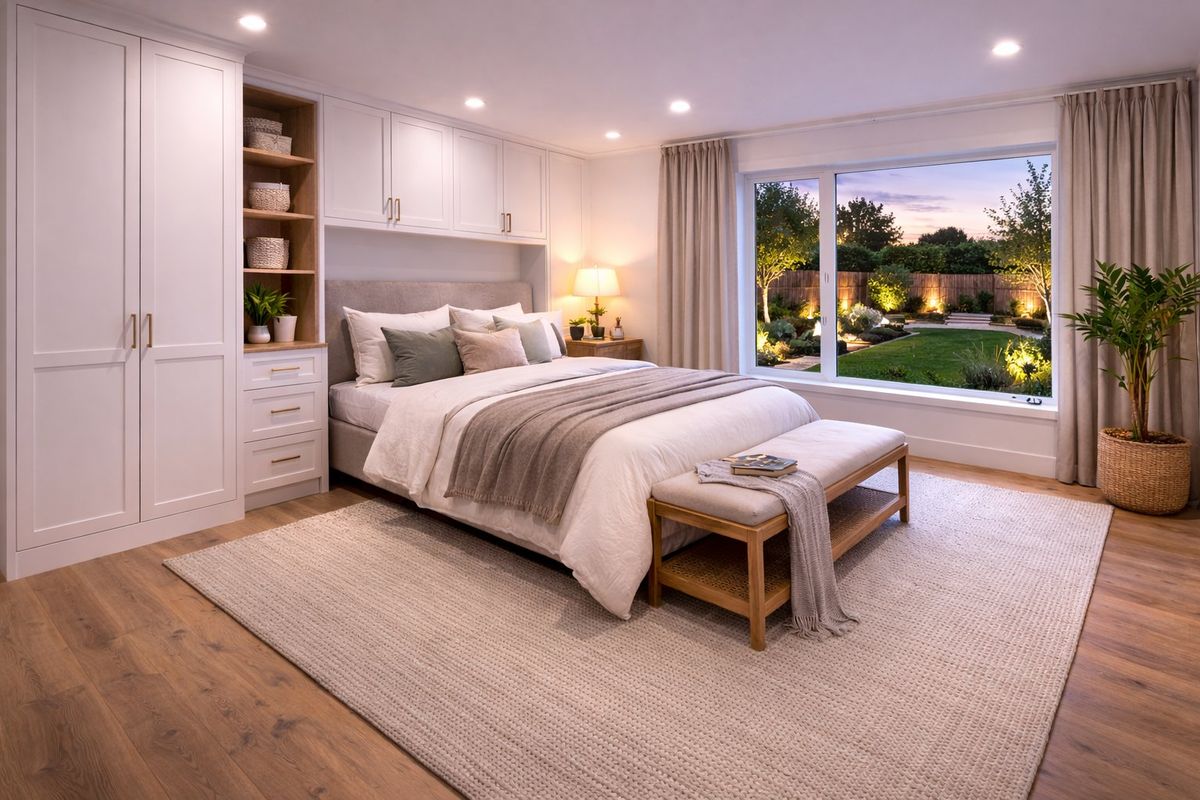A beautifully appointed bedroom featuring custom built-in cabinetry, recessed lighting, and a large window overlooking a landscaped garden.