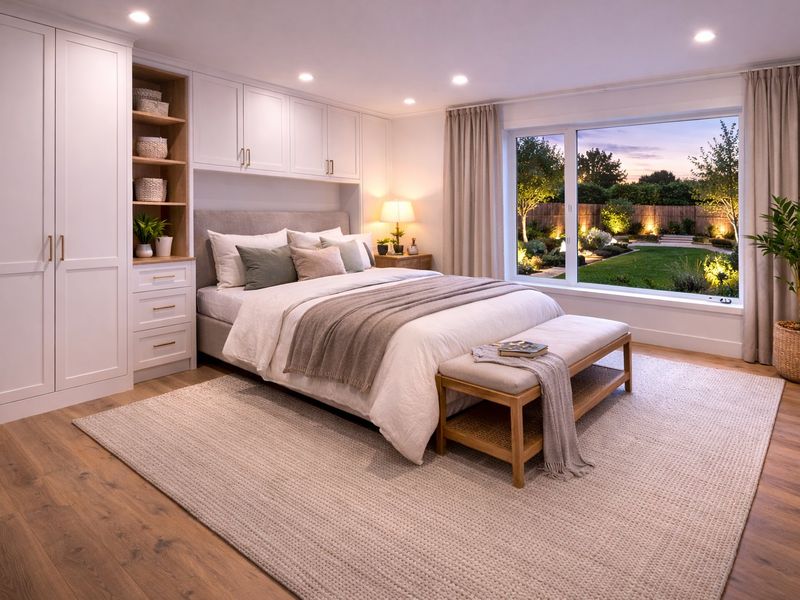 A beautifully appointed bedroom featuring custom built-in cabinetry, recessed lighting, and a large window overlooking a landscaped garden.
