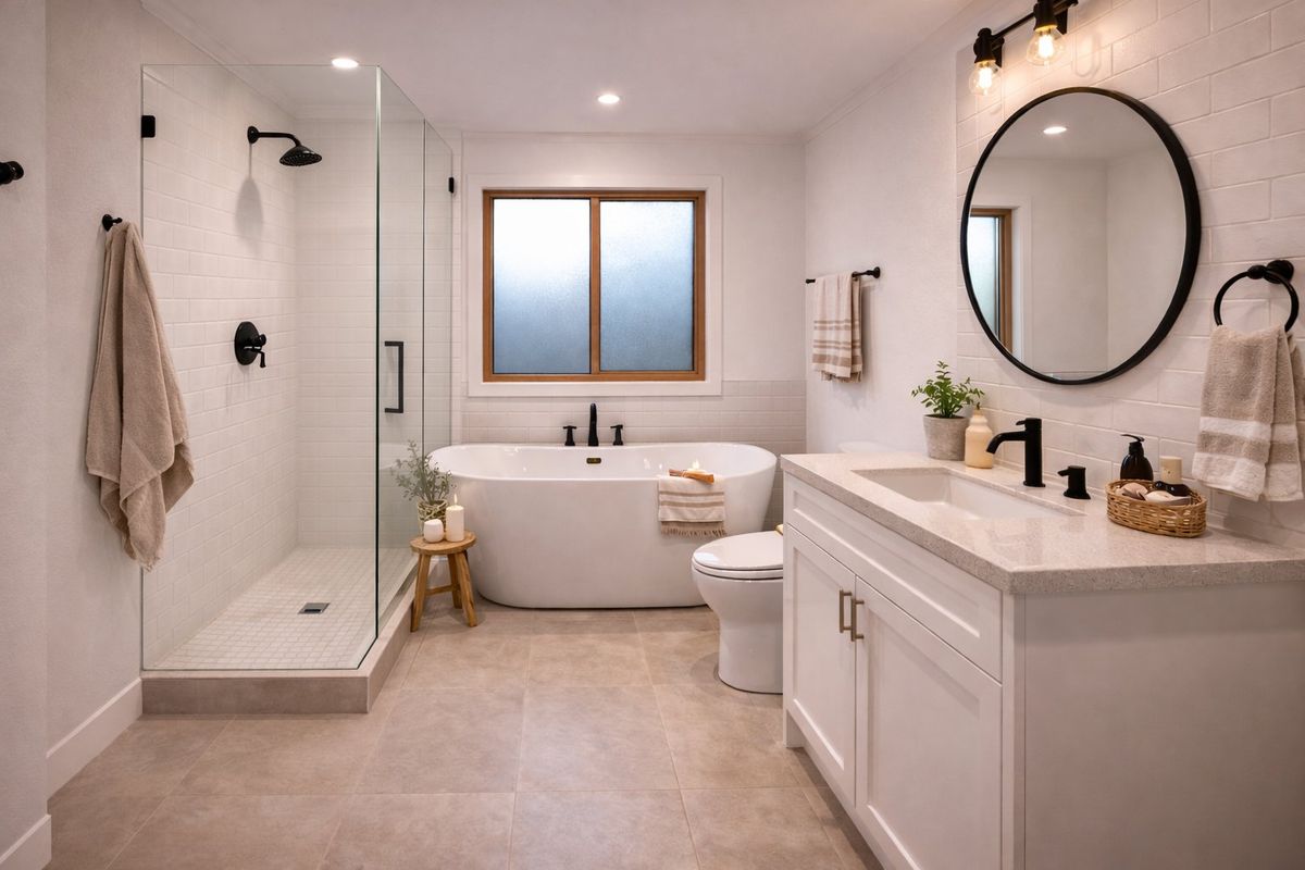 Modern, well-appointed bathroom featuring a freestanding bathtub, glass-enclosed walk-in shower, vanity with stone countertop, and contemporary matte black fixtures.