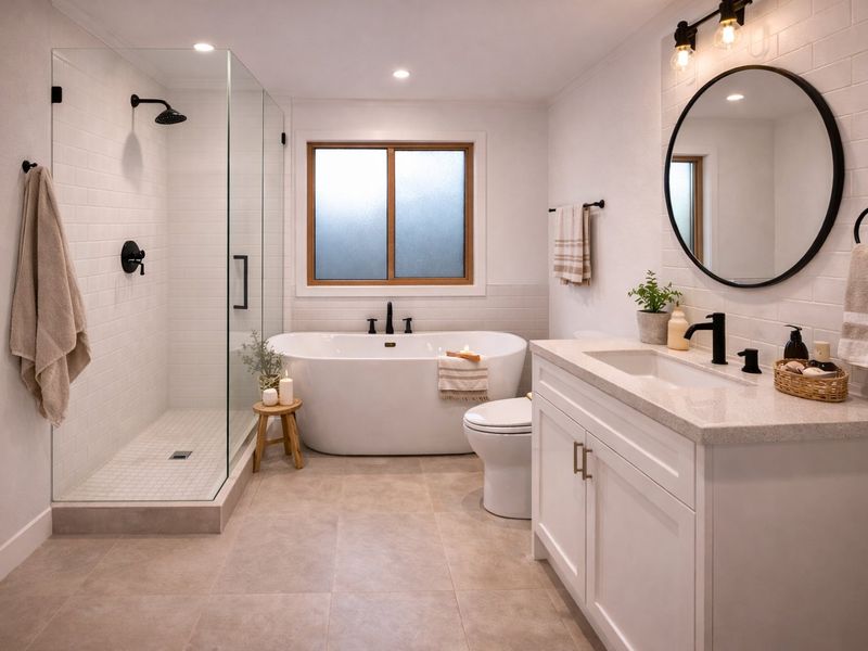 Modern, well-appointed bathroom featuring a freestanding bathtub, glass-enclosed walk-in shower, vanity with stone countertop, and contemporary matte black fixtures.