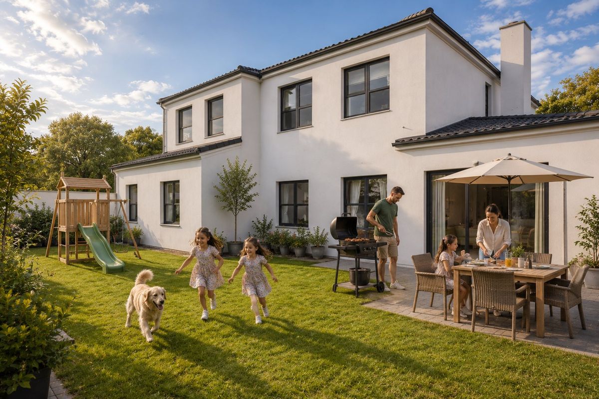 A well-maintained rear exterior view of a two-story white house featuring a paved patio area and a spacious green lawn.