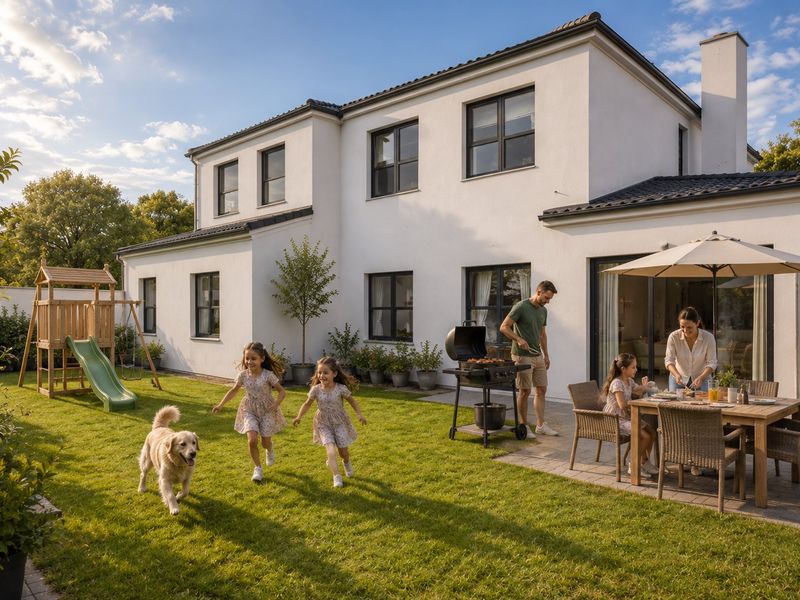 A well-maintained rear exterior view of a two-story white house featuring a paved patio area and a spacious green lawn.