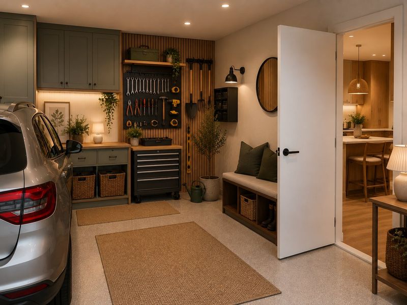 A well-organized garage featuring built-in cabinetry, slatted wood wall paneling, and durable epoxy flooring, with direct access to the home interior.