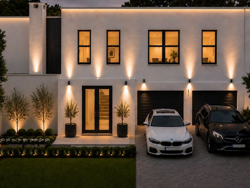 Modern two-story residence featuring a paved driveway, double garage, and elegant exterior facade lighting.