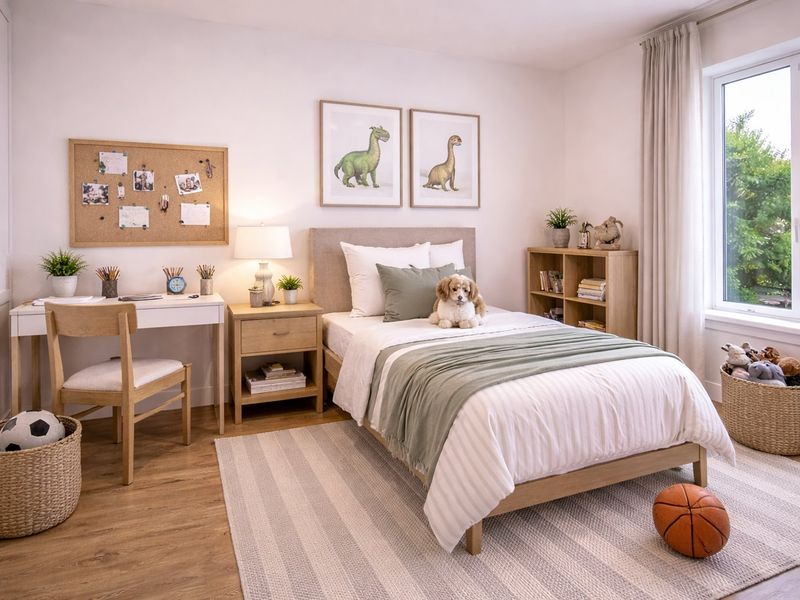 A well-lit, modern bedroom featuring light wood-tone laminate flooring, a built-in wardrobe, and a large window providing natural light.