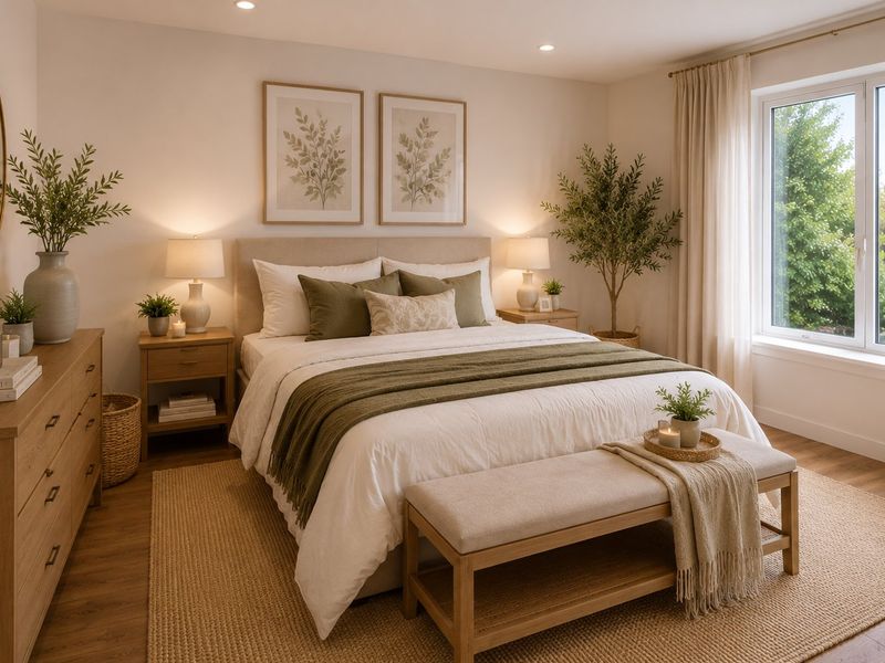 A well-presented bedroom featuring neutral tones, recessed lighting, and a large window providing natural light and garden views.