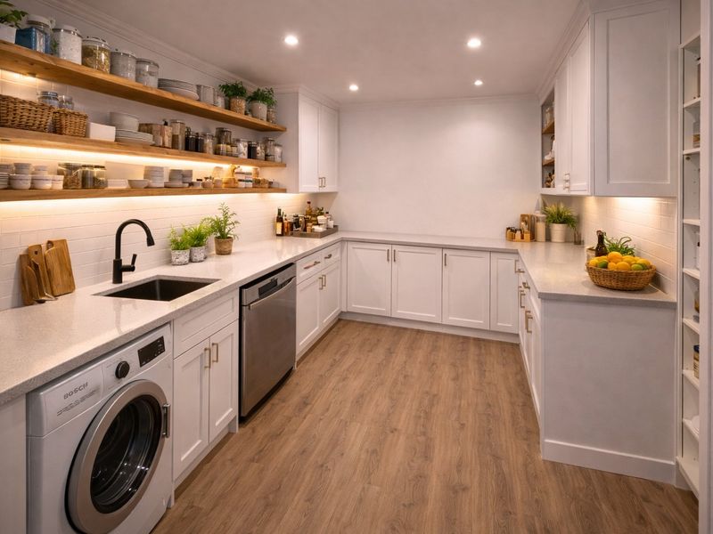 Modern, well-appointed scullery featuring white cabinetry, stone countertops, floating timber shelving, integrated appliances, and stylish matte black fixtures.