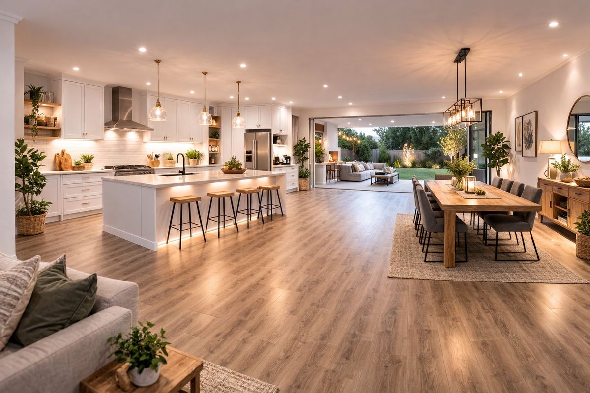 Spacious open-plan kitchen and dining area featuring modern cabinetry, a large central island, and seamless flow to the outdoor patio through stacking glass doors.