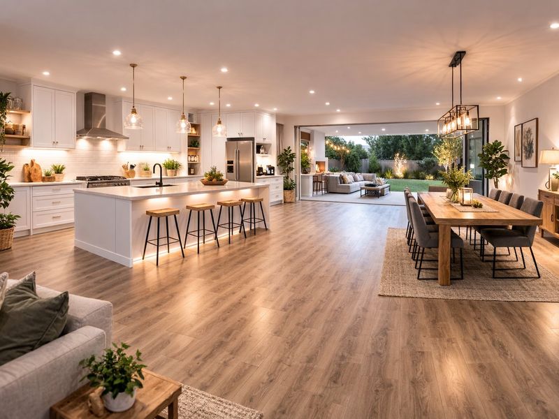 Spacious open-plan kitchen and dining area featuring modern cabinetry, a large central island, and seamless flow to the outdoor patio through stacking glass doors.