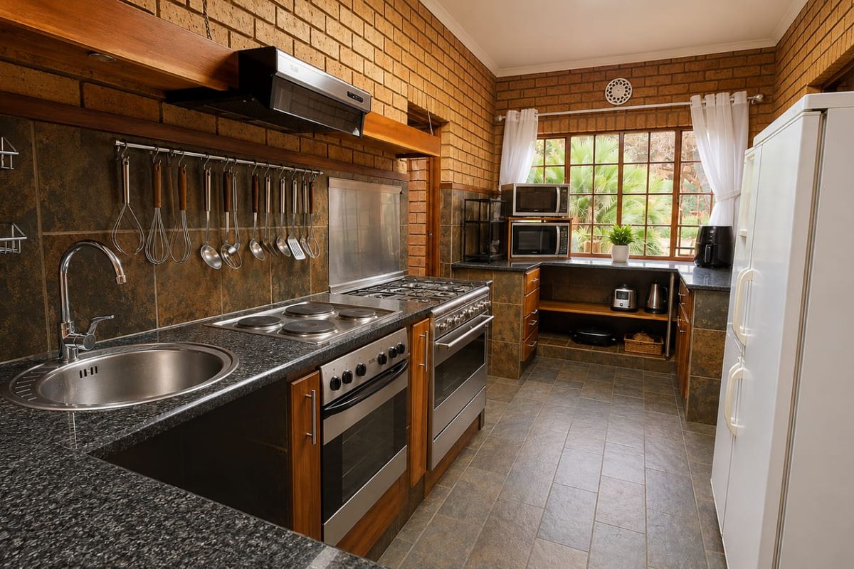 A rustic-style kitchen featuring exposed brick walls, granite countertops, stainless steel appliances, and tiled flooring with ample natural light.