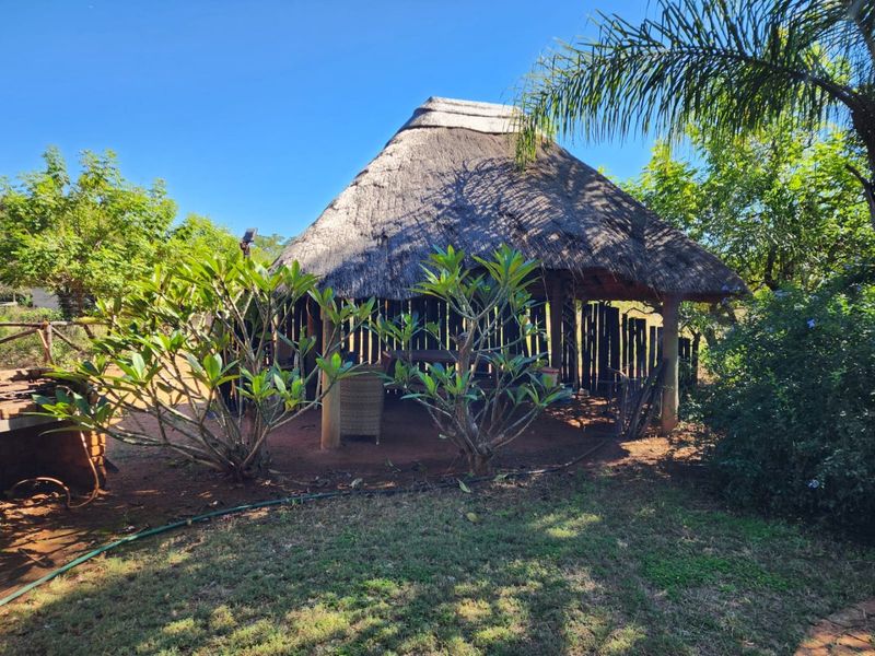 An outdoor thatched-roof entertainment area featuring timber support posts and slat fencing, set within a natural garden environment.