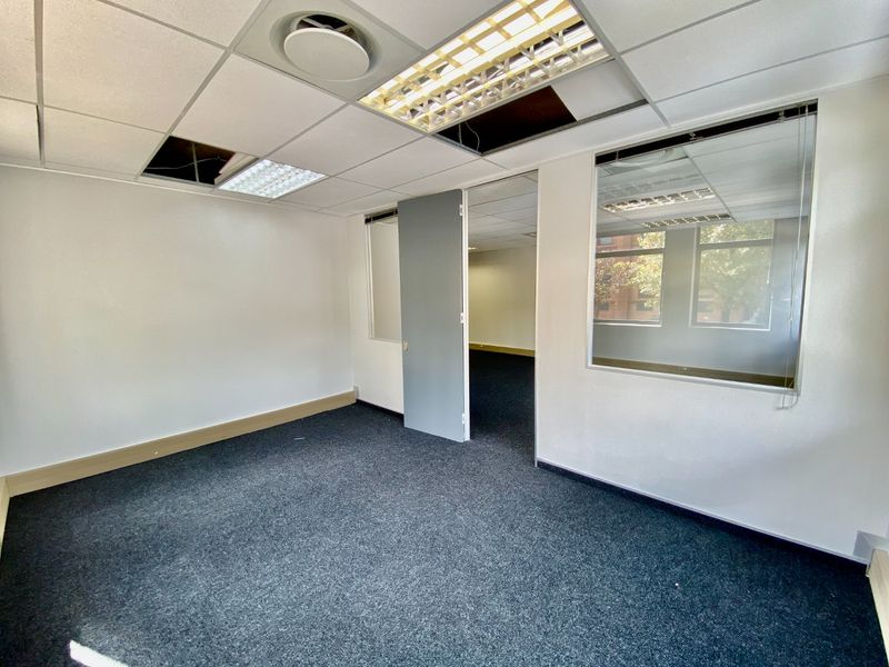 Empty commercial office space featuring carpeted flooring, suspended ceiling with integrated lighting, and internal glass partitioning.