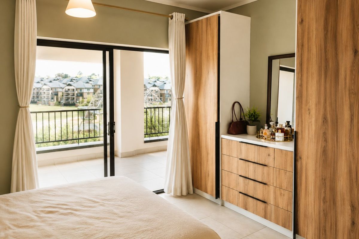 A well-maintained bedroom featuring built-in wood-finish wardrobes and large sliding glass doors opening onto a private balcony with scenic views.