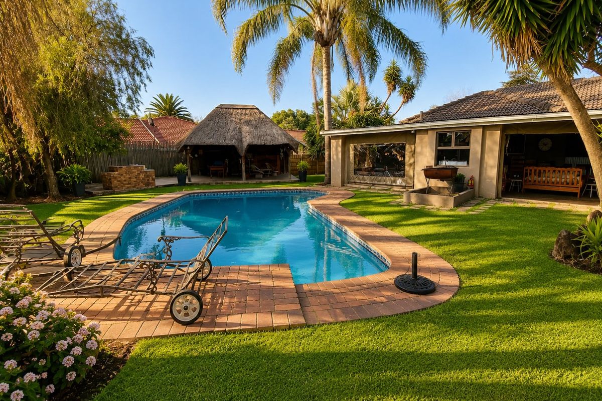 A well-maintained outdoor entertainment area featuring a swimming pool with brick coping, a thatched lapa, and a built-in brick braai in a landscaped garden.