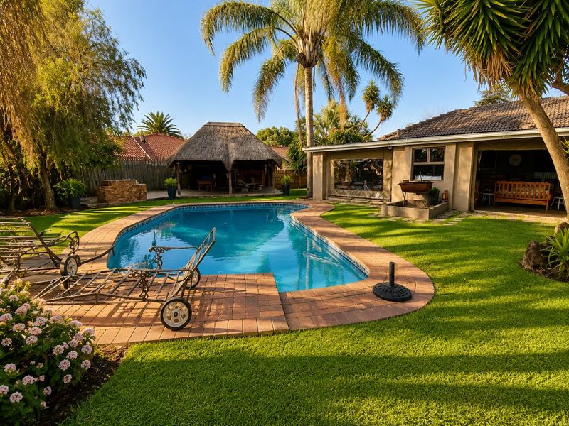 A well-maintained outdoor entertainment area featuring a swimming pool with brick coping, a thatched lapa, and a built-in brick braai in a landscaped garden.
