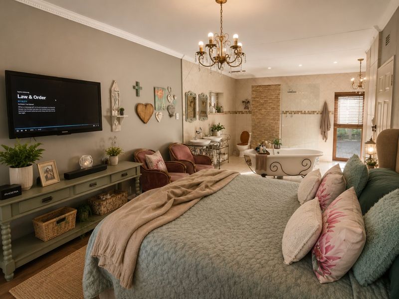 Spacious master bedroom featuring an integrated open-plan bathroom with a freestanding bathtub, walk-in shower, and dual vanity basins, complemented by elegant chandelier lighting.