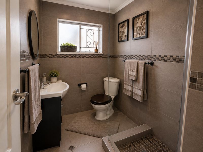 A well-maintained bathroom featuring neutral wall tiles, a modern vanity, a glass-enclosed shower, and a window with security bars.
