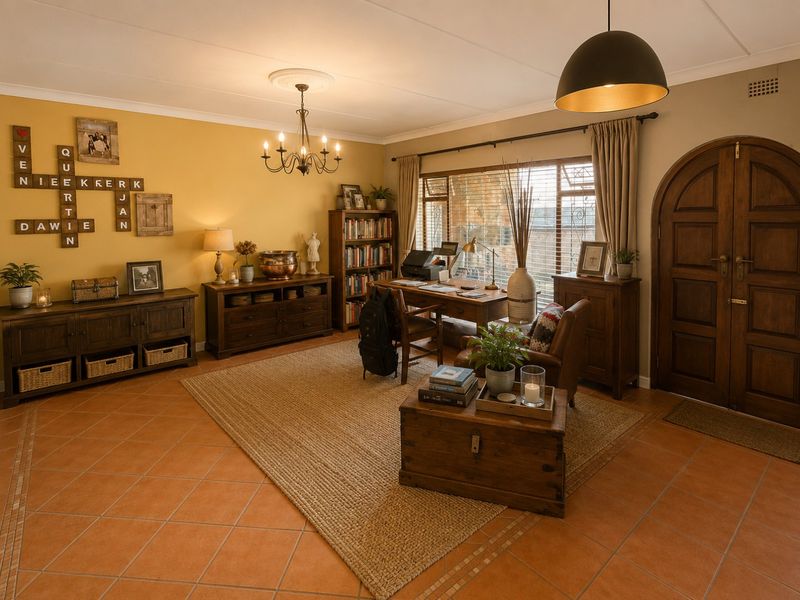 A spacious home office featuring terracotta floor tiles, an arched wooden entrance door, and large windows that provide ample natural light.