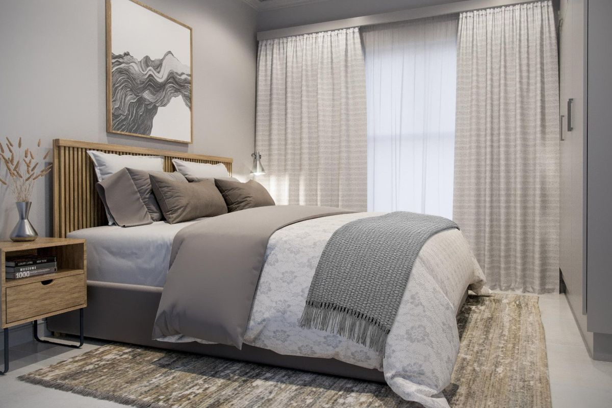 A well-appointed bedroom featuring neutral tones, built-in cabinetry, and large windows with floor-to-ceiling curtains.