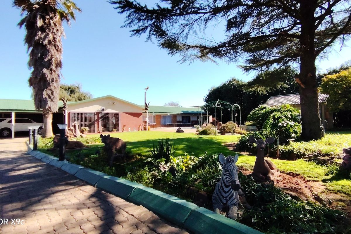 Spacious rear garden area featuring a paved driveway, attached carport, and well-maintained lawn with mature trees and established landscaping.