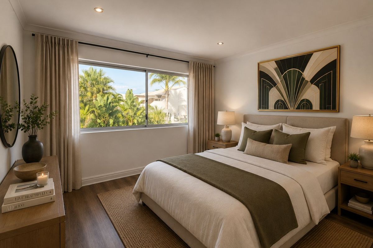 A well-appointed bedroom featuring modern laminate flooring, recessed downlighting, and a large sliding window with views of the surrounding greenery.