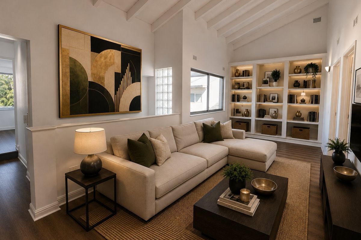 A bright, modern living room featuring vaulted ceilings with exposed beams, custom built-in shelving with integrated lighting, and high-quality laminate flooring.