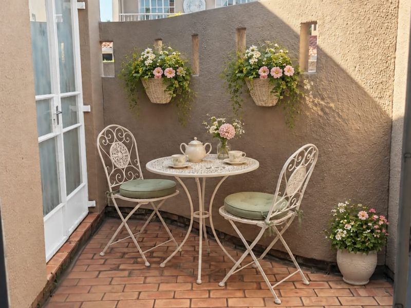 A cozy, private patio area featuring brick paving and a textured boundary wall, accessible via a classic white-framed french door.