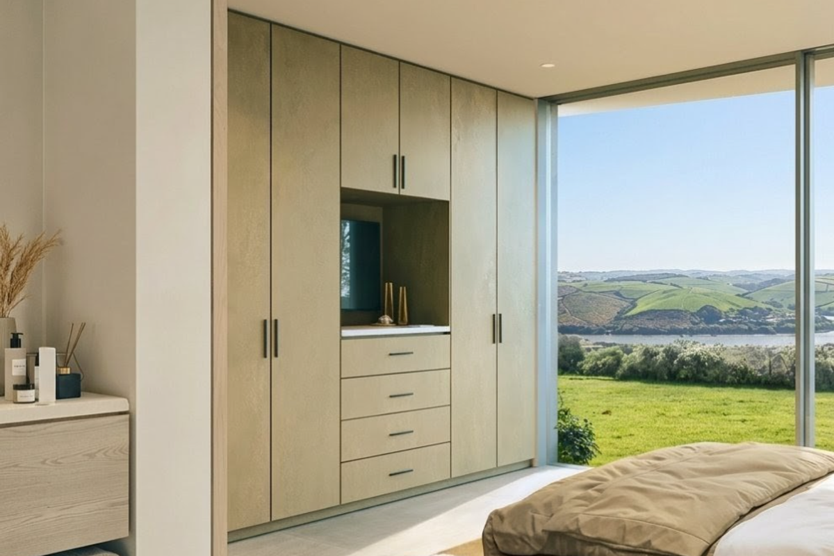 Modern bedroom featuring extensive built-in cabinetry, floor-to-ceiling windows, and expansive views of the surrounding landscape.