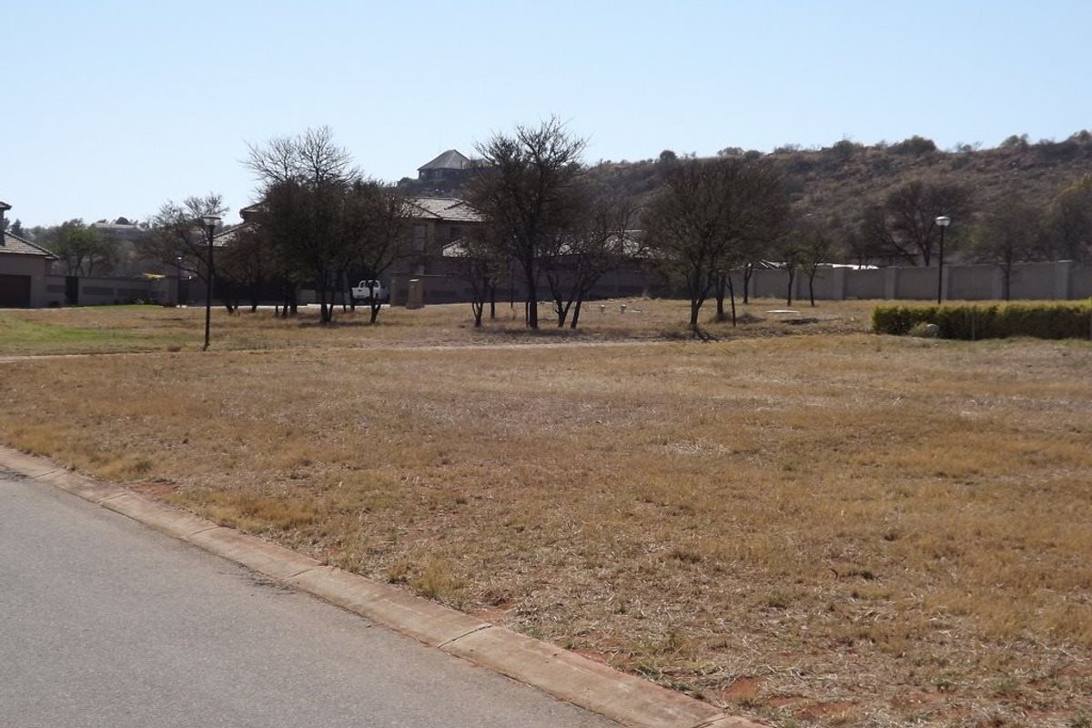 A vacant residential plot featuring dry grass, scattered trees, and a paved road frontage within a secure estate setting.
