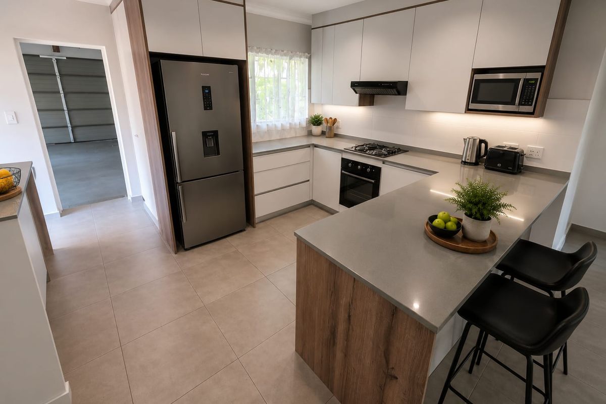 Modern kitchen featuring sleek cabinetry, stone countertops, integrated appliances, and a functional breakfast bar, finished with neutral tiled flooring.