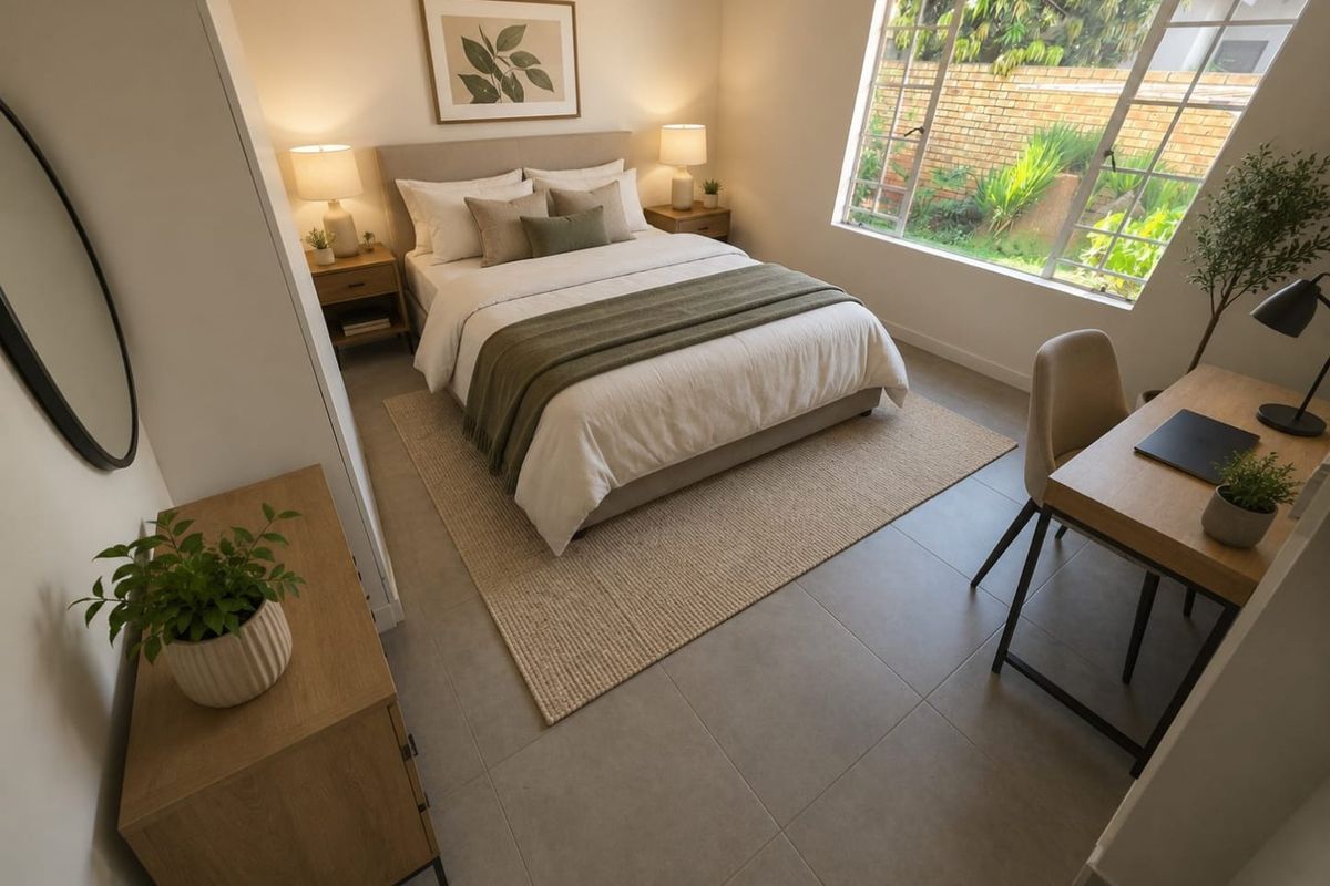 A well-lit, modern bedroom featuring neutral tones, tiled flooring, and a large window overlooking the garden area.