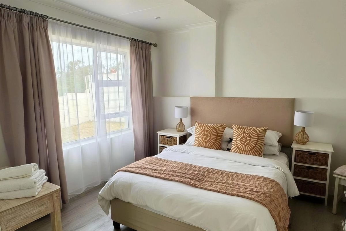 A well-maintained bedroom featuring neutral tones, laminate flooring, and a large window providing natural light.