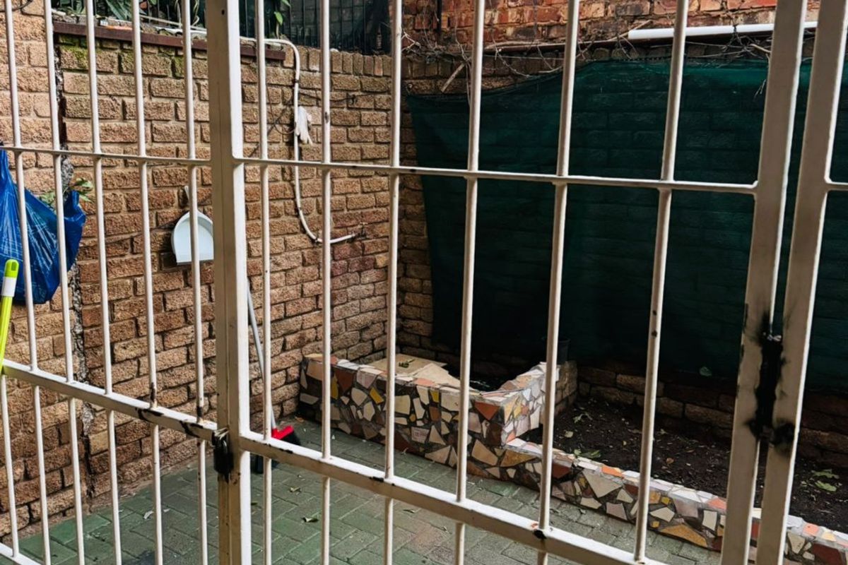 A small, enclosed rear courtyard featuring brick walls, paved flooring, and a raised garden bed with mosaic detailing, secured by a metal gate.