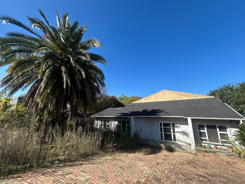 Front exterior view of a single-story house featuring a paved driveway, tiled roof, and aluminium window frames, surrounded by overgrown garden areas.