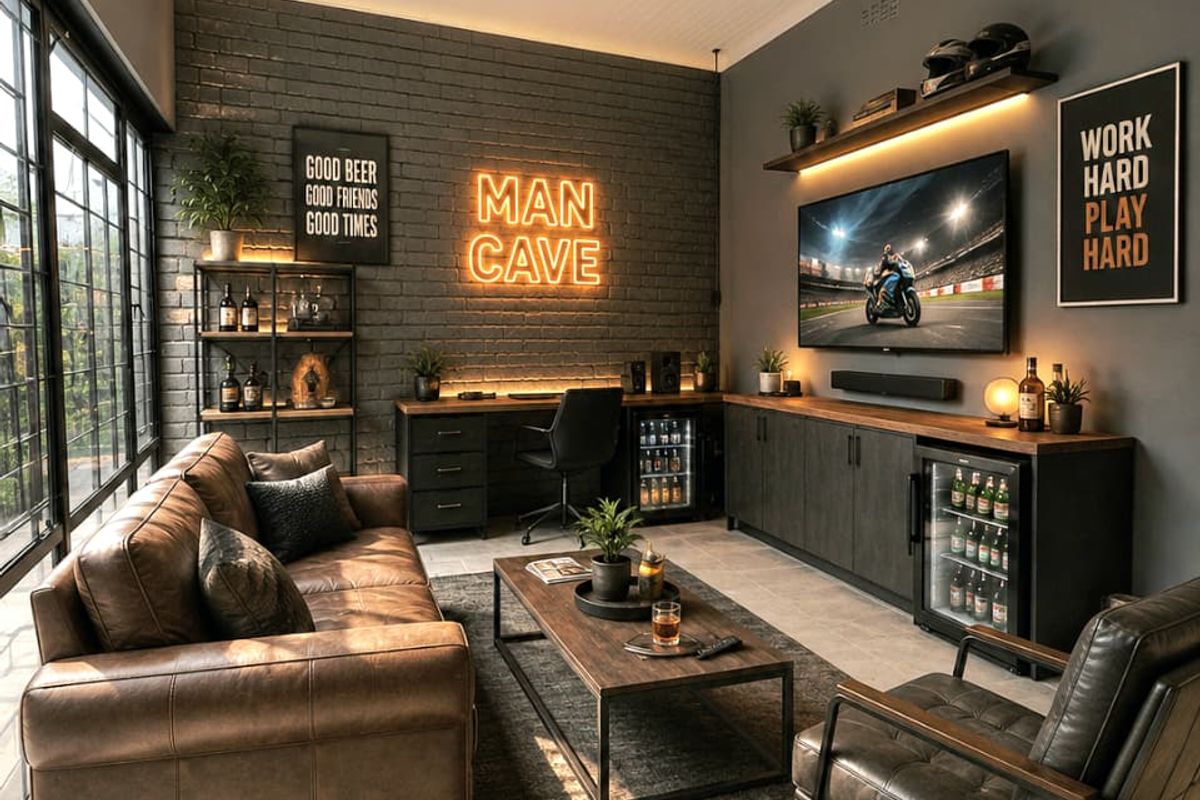A well-appointed living area featuring exposed brick walls, custom built-in cabinetry with integrated beverage refrigeration, and large windows providing ample natural light.