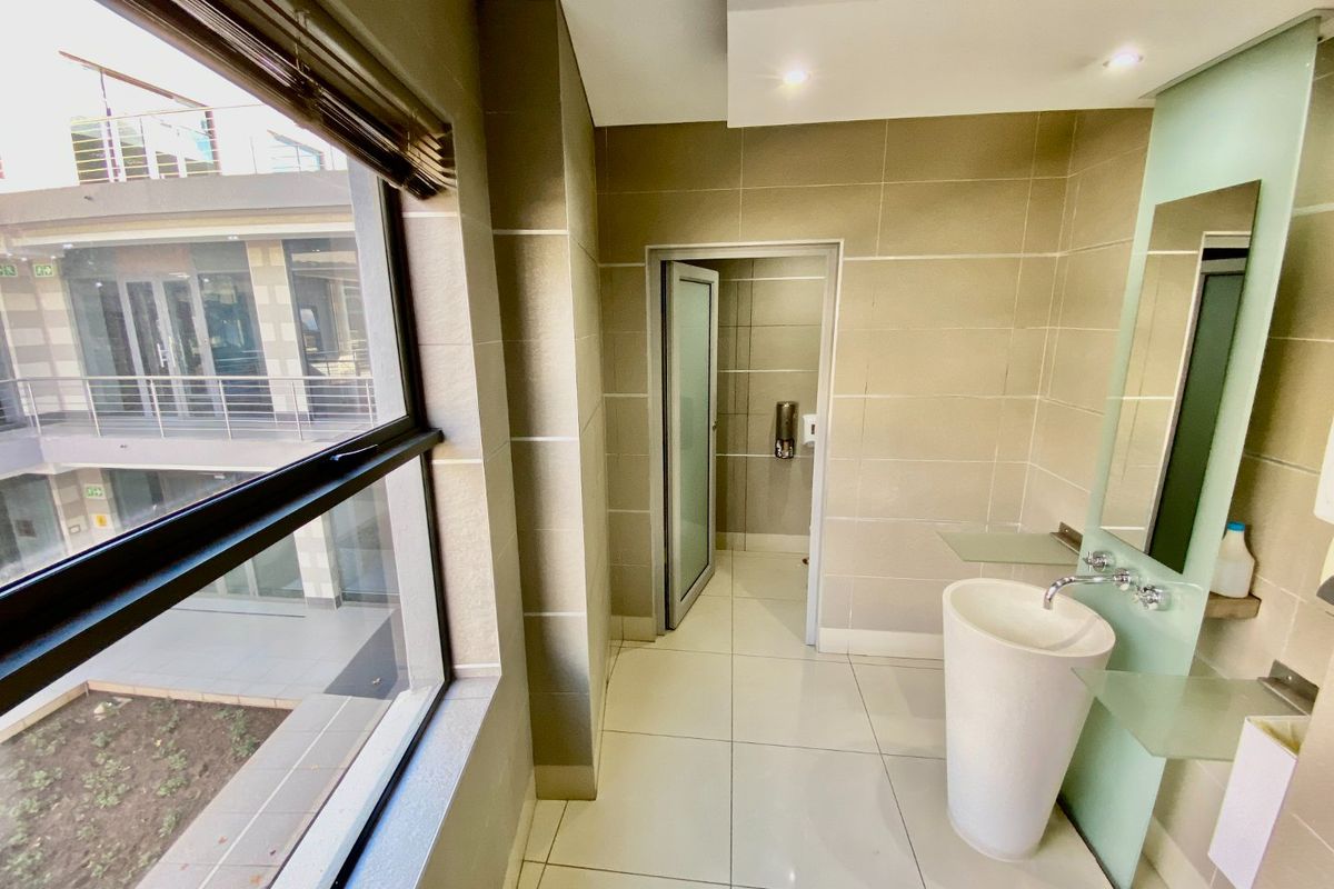 A modern commercial bathroom featuring a sleek pedestal basin, tiled finishes, and large windows overlooking the building courtyard.