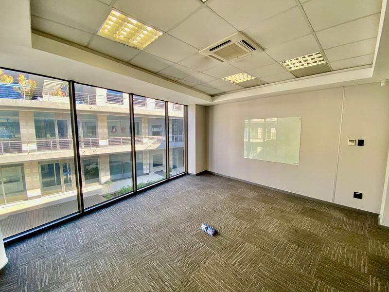 A bright, empty commercial office space featuring carpet tiles, suspended ceilings with recessed lighting, ducted air conditioning, and large floor-to-ceiling windows.