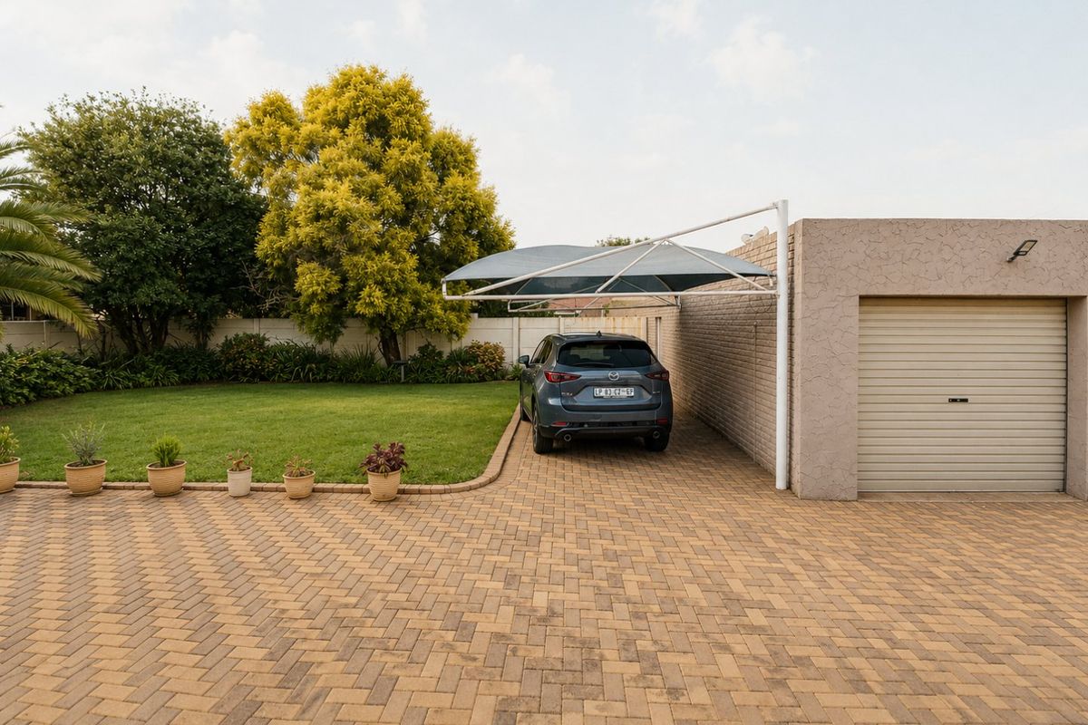 A well-maintained rear exterior area featuring a paved driveway, a shadeport, a single garage, and a neat lawn with established garden borders.