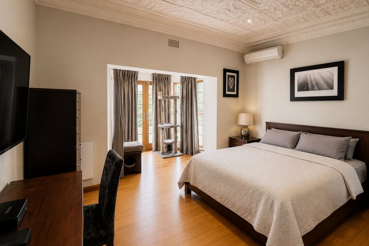 Spacious bedroom featuring laminate flooring, an ornate pressed metal ceiling, and direct access to the outdoors through double glass doors.