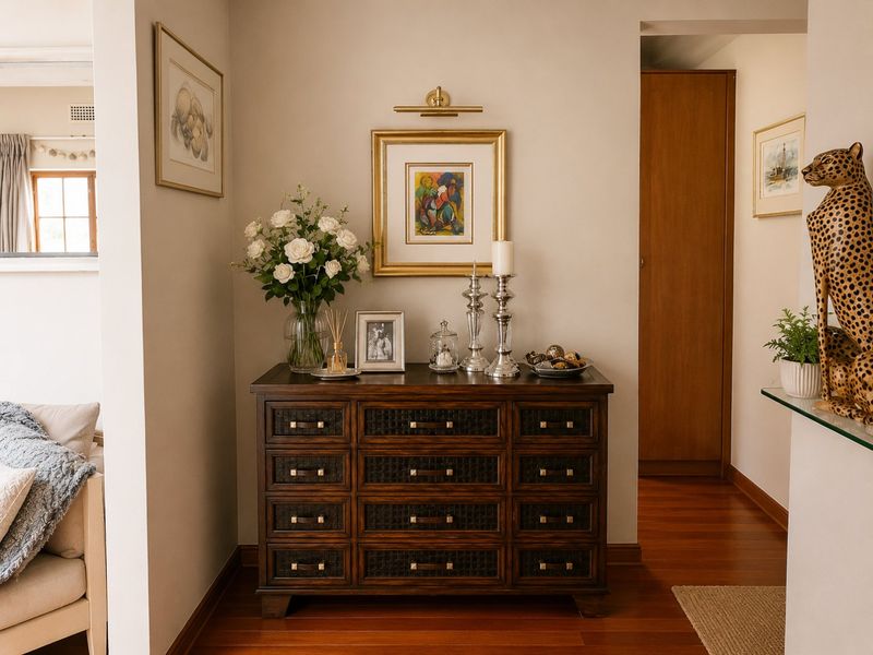 A well-maintained hallway featuring warm hardwood flooring, a built-in storage cupboard, and elegant wall-mounted accent lighting.