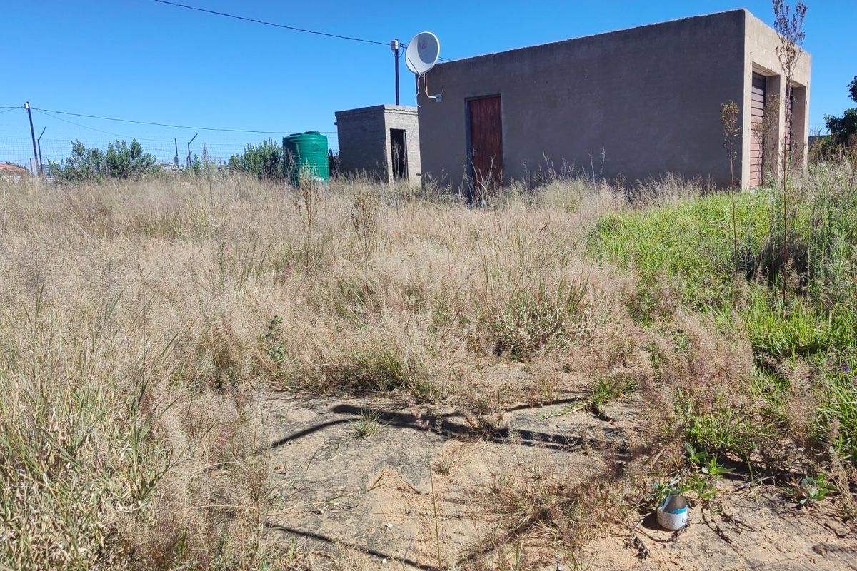 Rear view of the property showing a masonry structure, water storage tank, and extensive overgrown vegetation on the surrounding land.