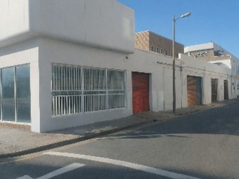 Street-level view of an industrial property featuring large display windows, security bars, and multiple roller shutter access doors.