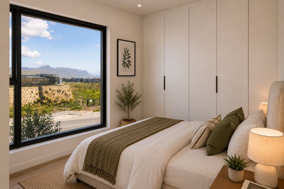 Modern bedroom featuring floor-to-ceiling built-in cupboards, recessed lighting, and a large picture window offering scenic mountain views.